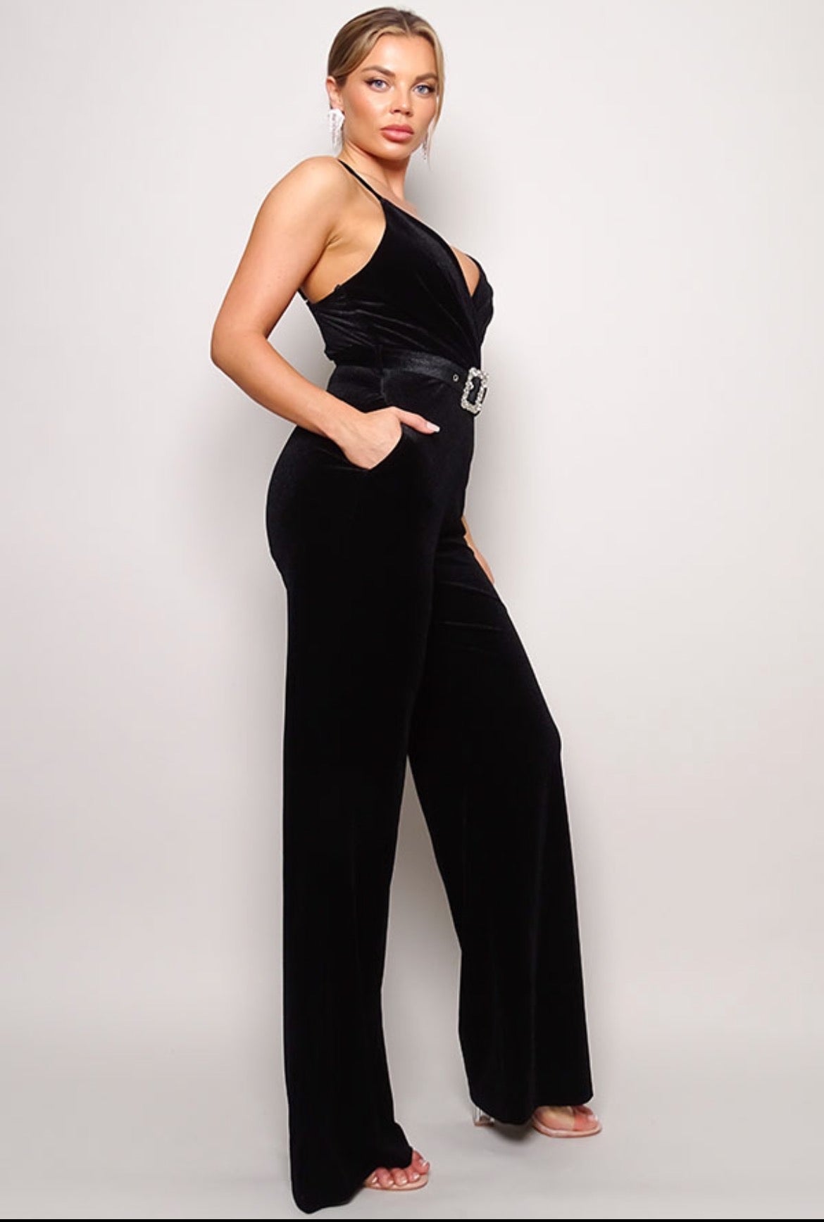 Women's Samba Rhinestone Belt Velvet Jumpsuit