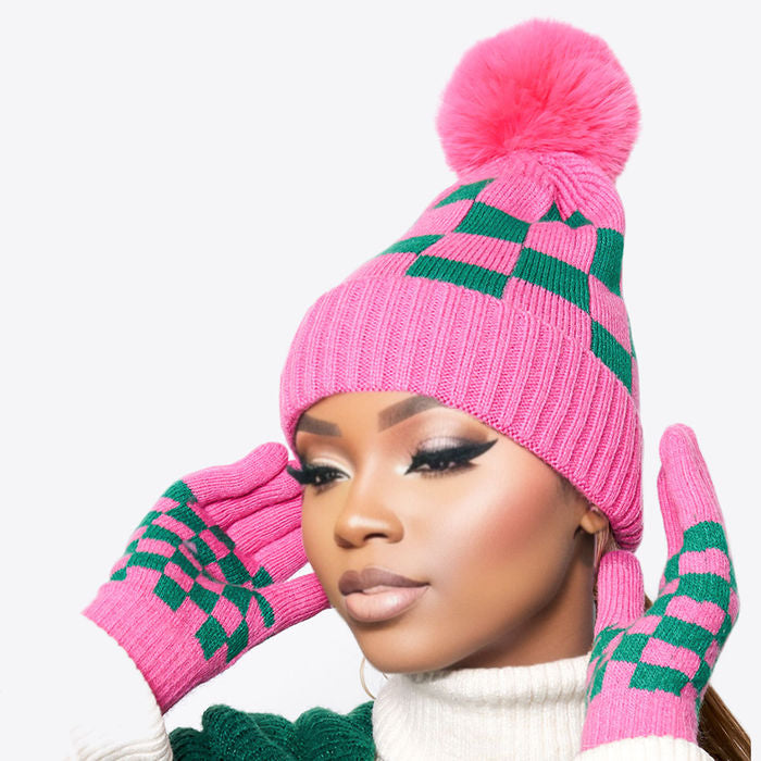 Pink Green Checkerboard Beanie