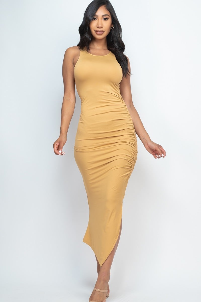 Sleeveless ruched side split maxi dress