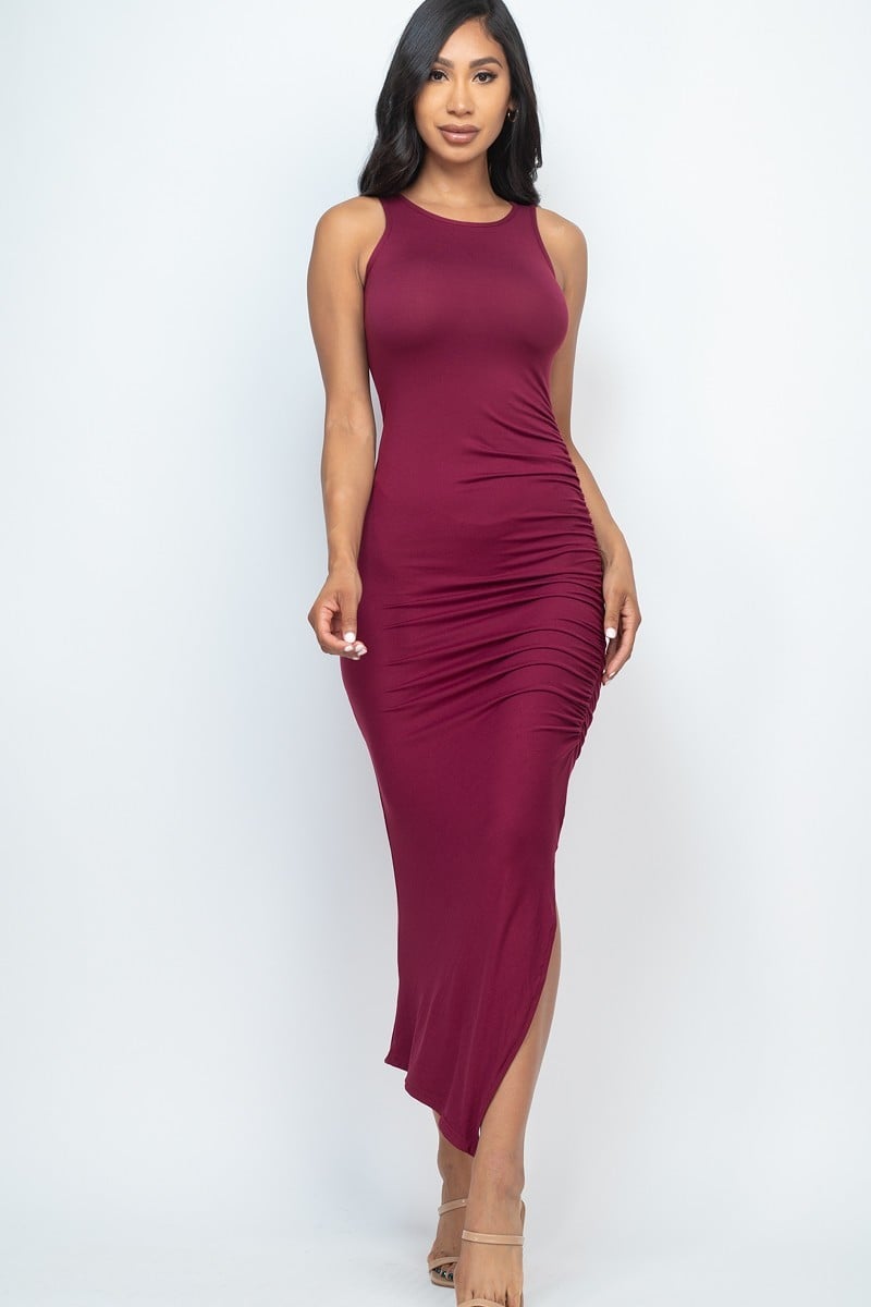 Sleeveless ruched side split maxi dress