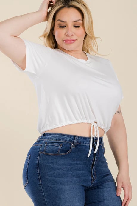 Plus size tie front drawstring short sleeve crop top