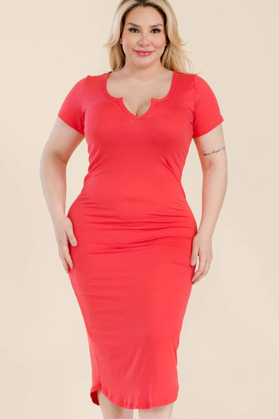 Plus size split neck bodycon midi dress