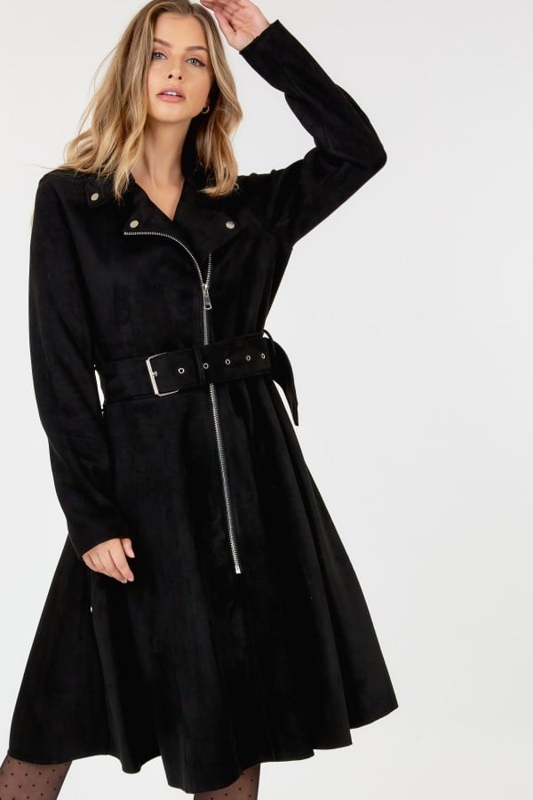 Waist belt tacked faux suede coat solid coat