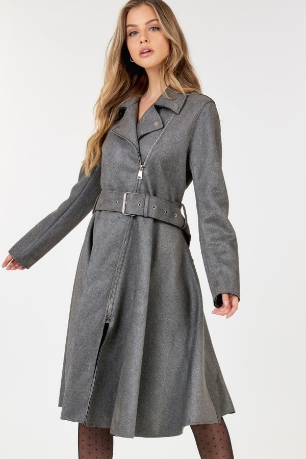 Waist belt tacked faux suede coat solid coat