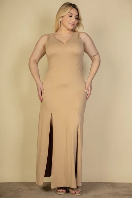 Plus size plunge neck thigh split maxi dress