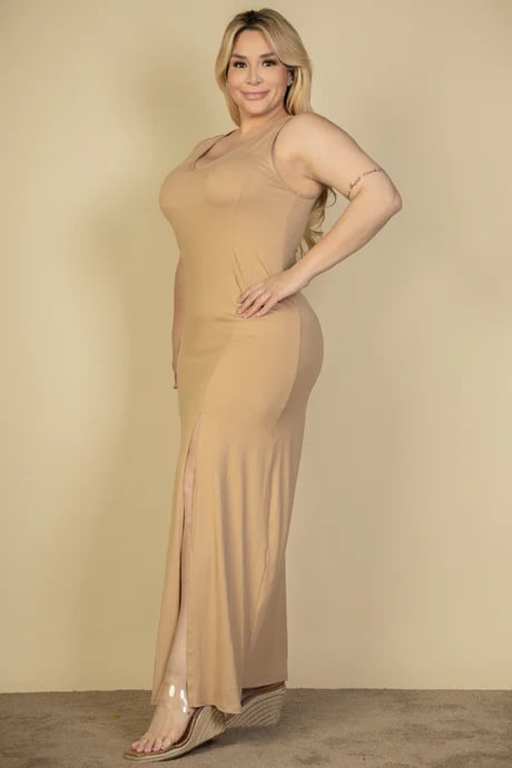 Plus size plunge neck thigh split maxi dress