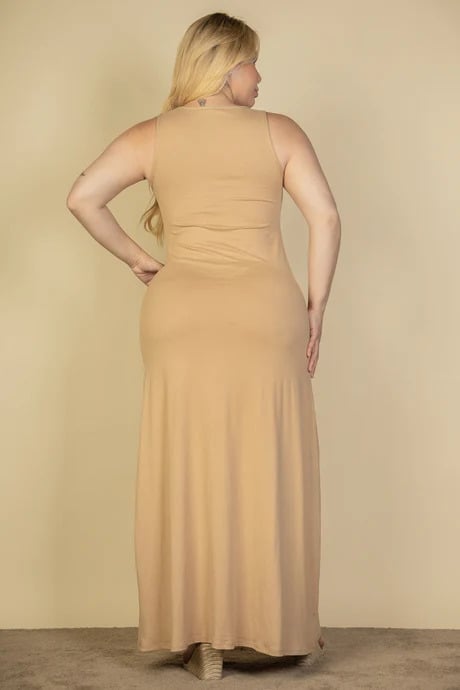 Plus size plunge neck thigh split maxi dress