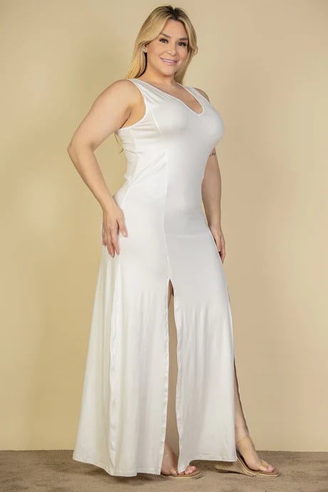 Plus size plunge neck thigh split maxi dress