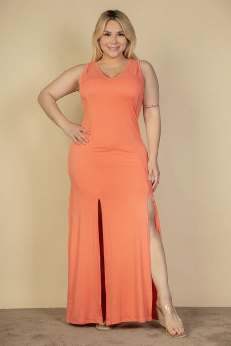 Plus size plunge neck thigh split maxi dress