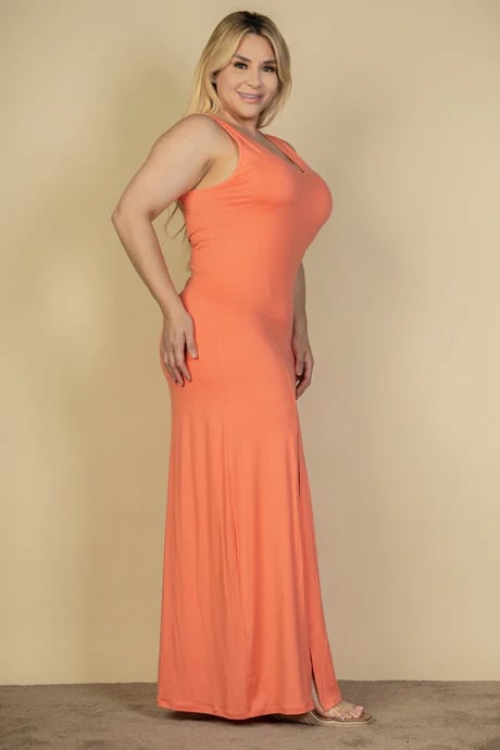 Plus size plunge neck thigh split maxi dress