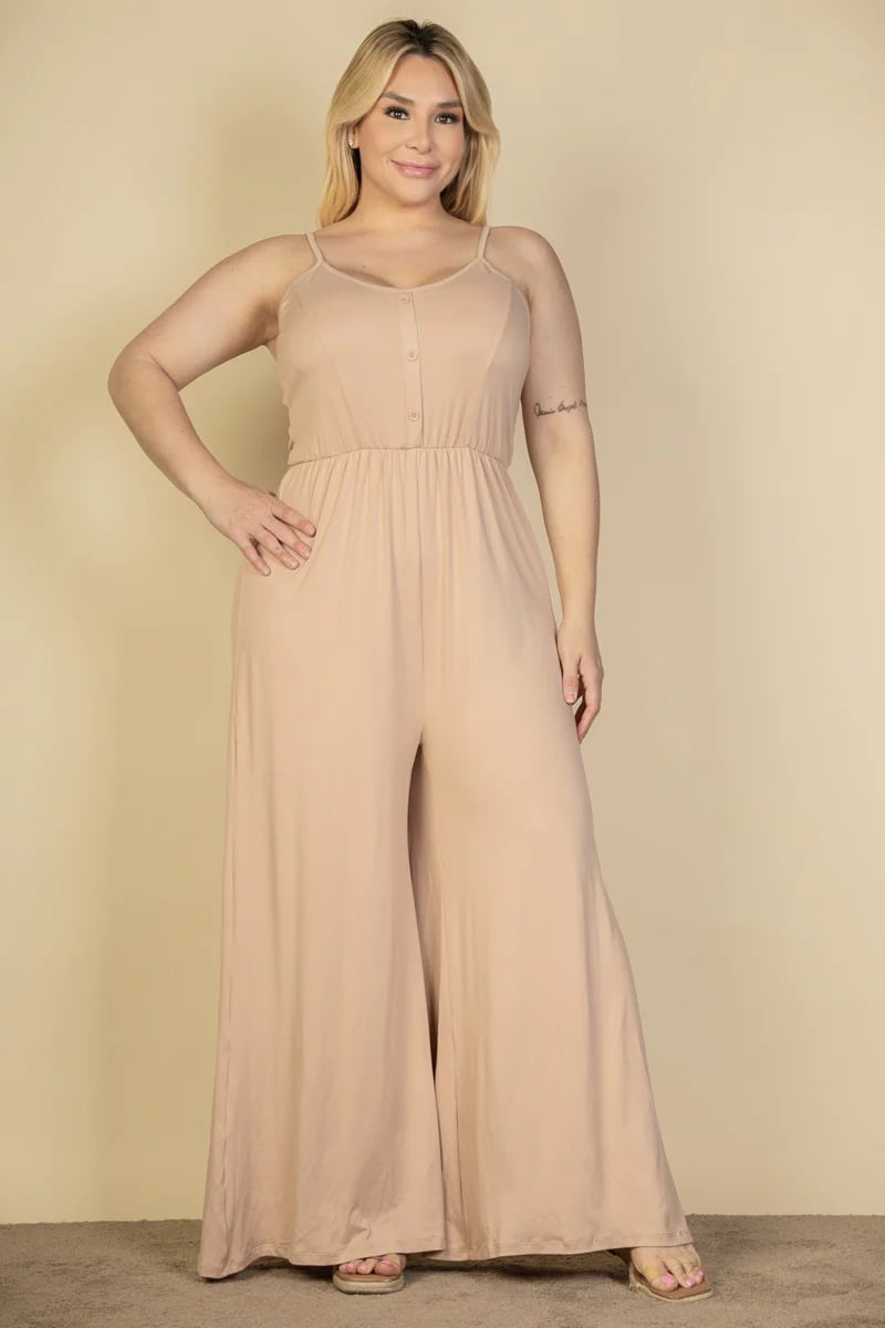 Plus size button front wide leg jumpsuit