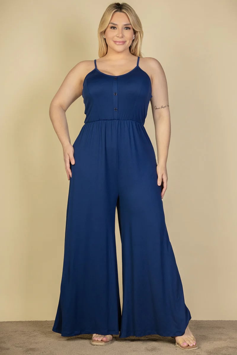 Plus size button front wide leg jumpsuit