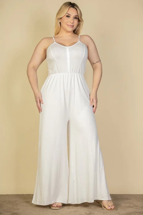 Plus size button front wide leg jumpsuit