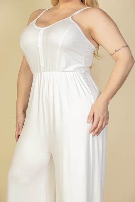 Plus size button front wide leg jumpsuit