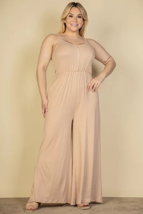 Plus size button front wide leg jumpsuit