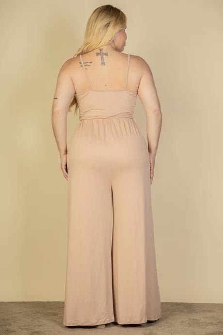 Plus size button front wide leg jumpsuit