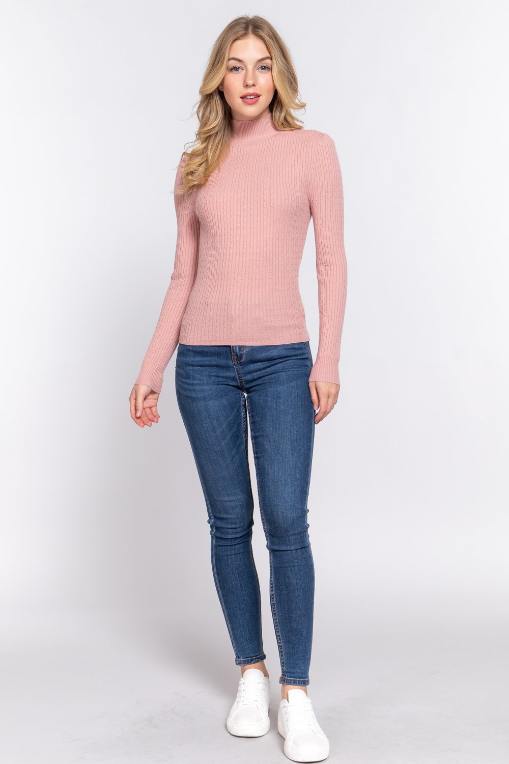 Long slv mock neck rib sweater