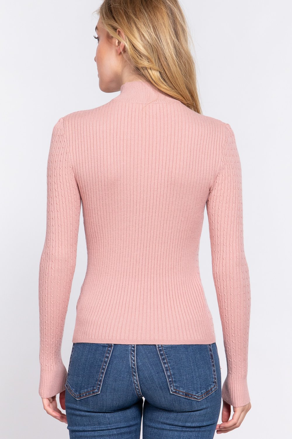 Long slv mock neck rib sweater