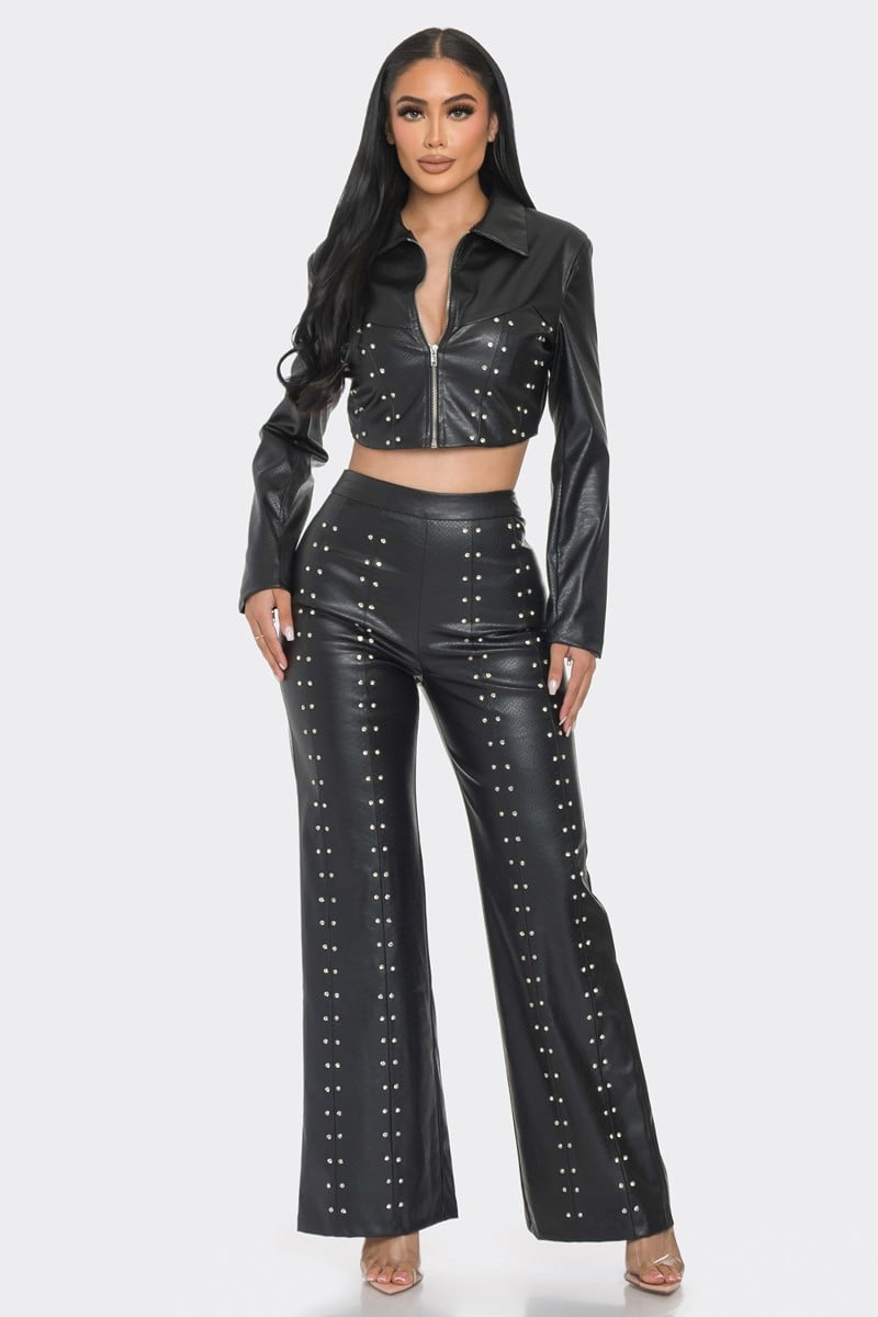 Faux leather set with rhinestone detail