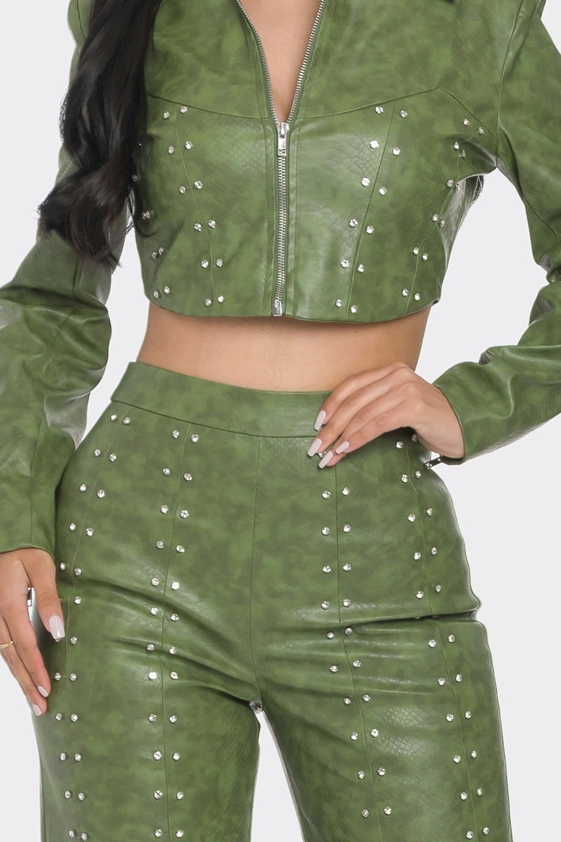 Faux leather set with rhinestone detail