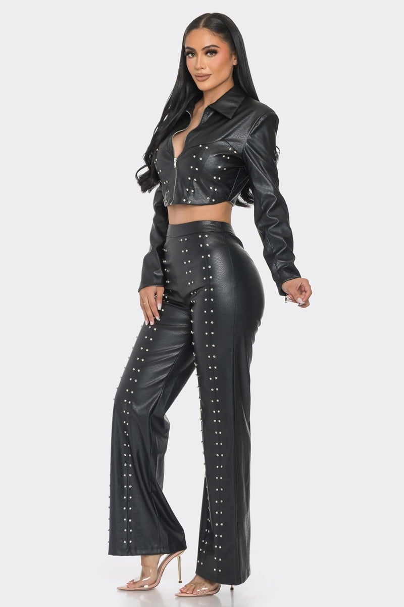 Faux leather set with rhinestone detail