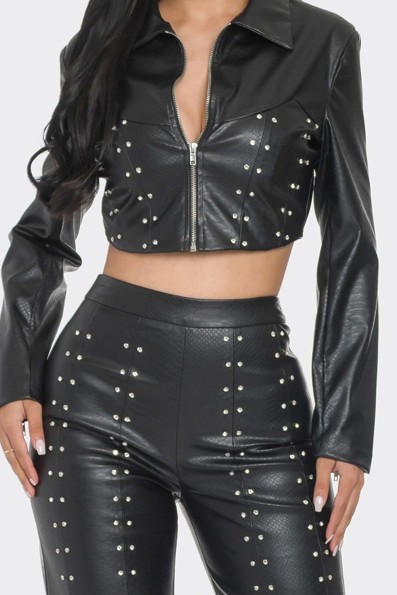 Faux leather set with rhinestone detail