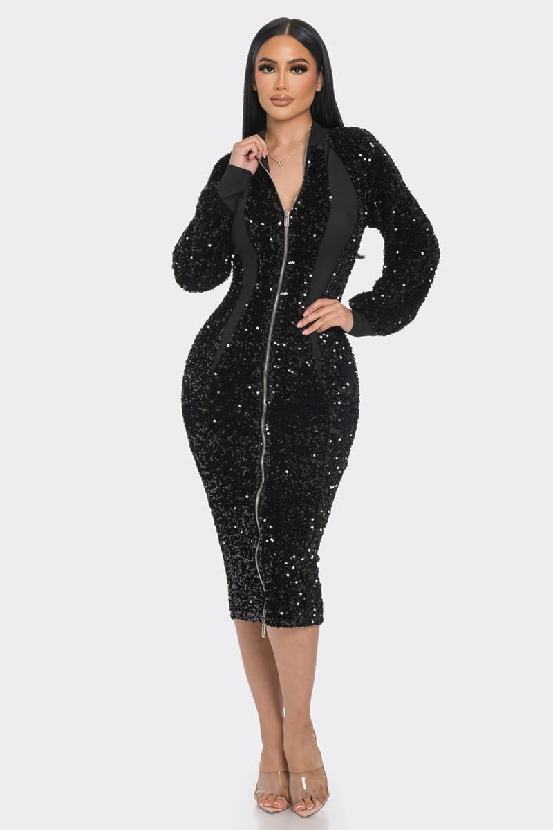 Midi 2 way zip up sequin contrast dress