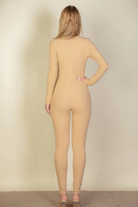 Ribbed scoop neck long sleeve jumpsuit