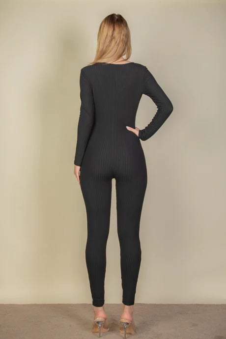 Ribbed scoop neck long sleeve jumpsuit