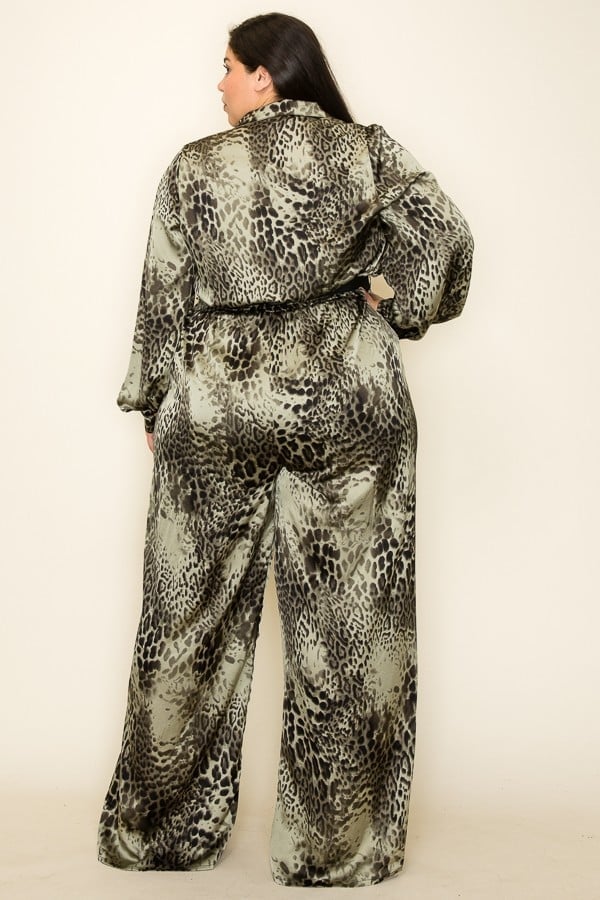 Satin leopard long sleeve button down palazzo jumpsuit