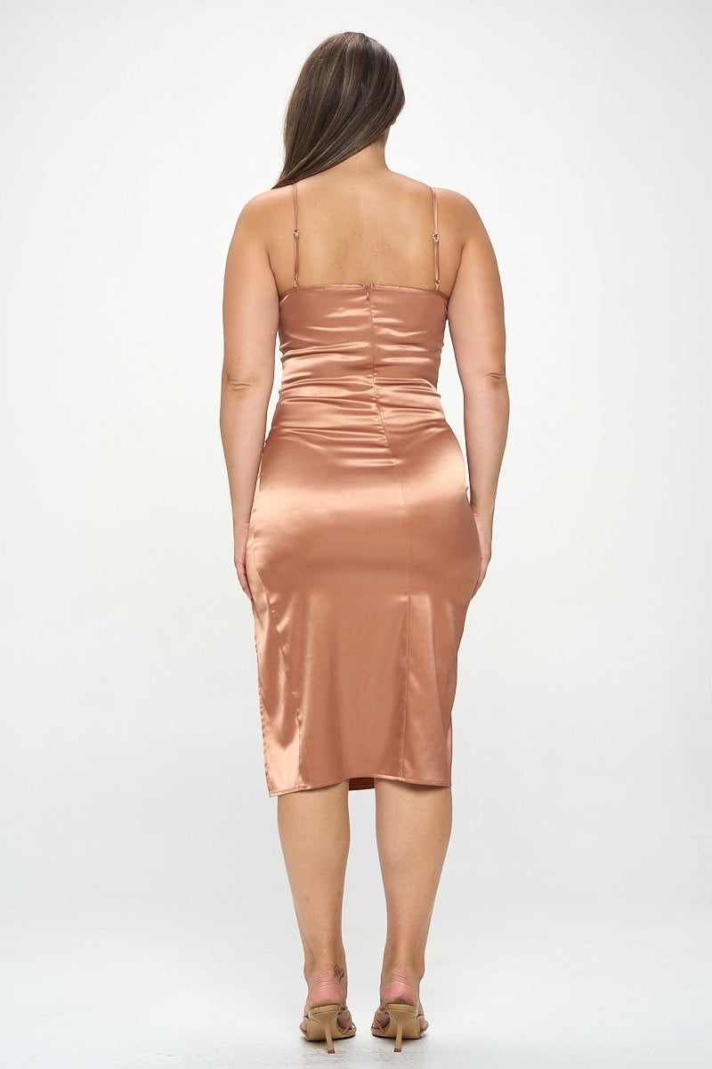 Women's Plus solid satin front knot bodycon midi