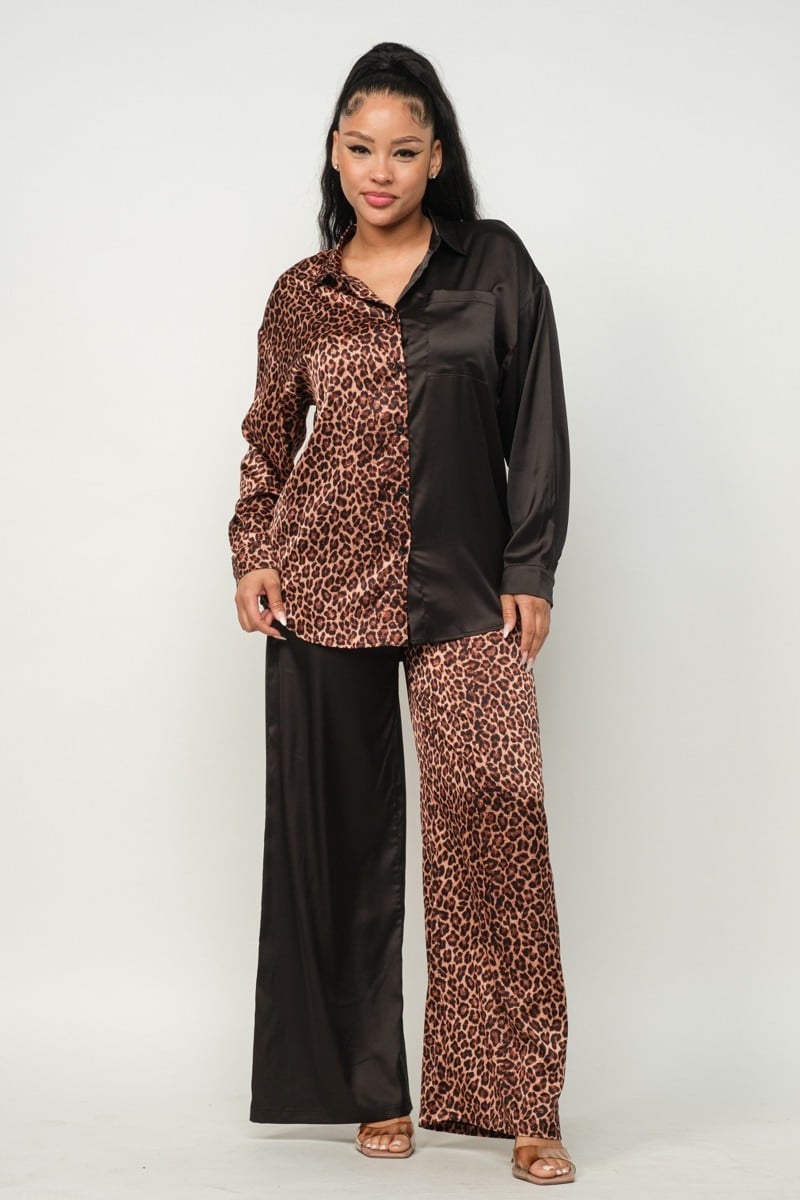 Women's Half animal print and half solid top and pants