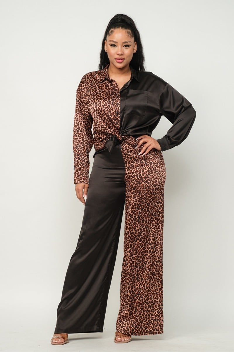 Women's Half animal print and half solid top and pants