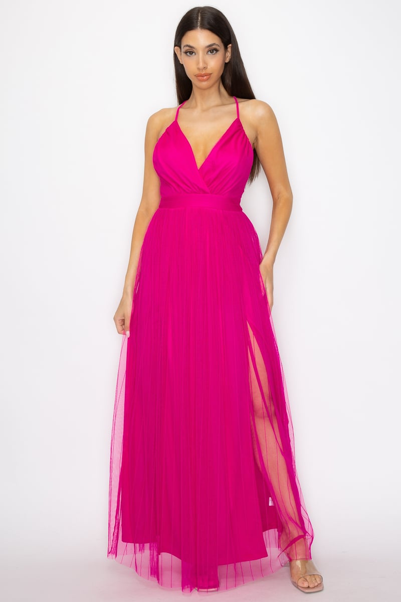 Women's Pleated mesh slit maxi dress