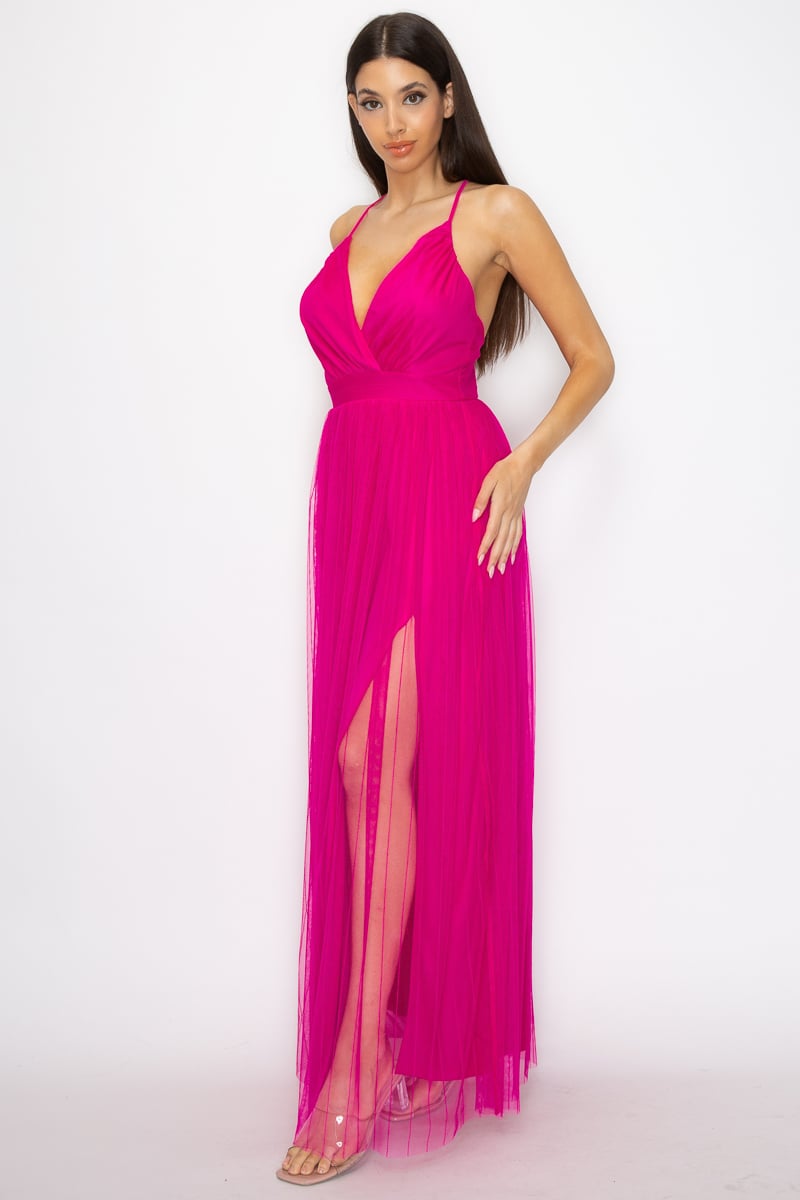 Women's Pleated mesh slit maxi dress