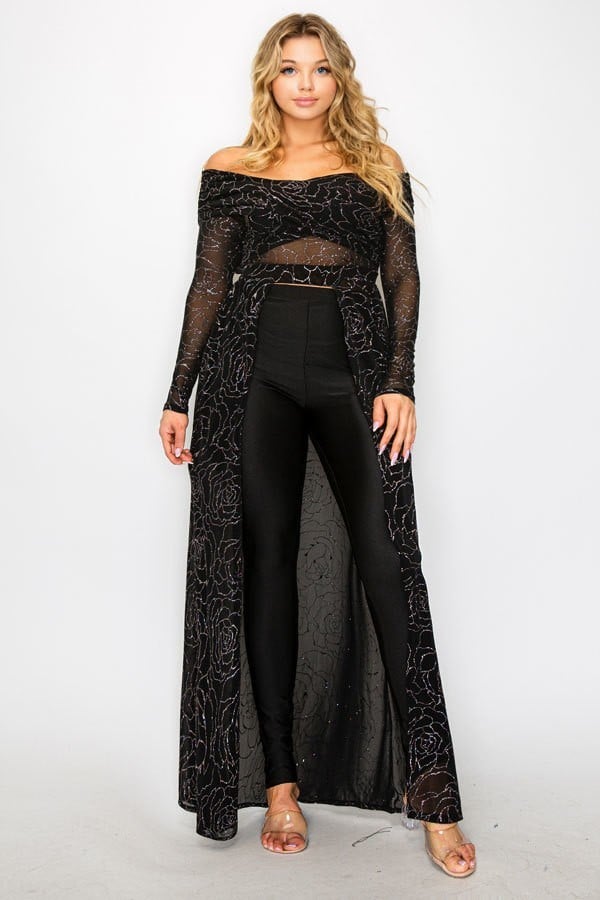 Women's Plus mesh glitter see-through -cross shoulder wrap maxi dress