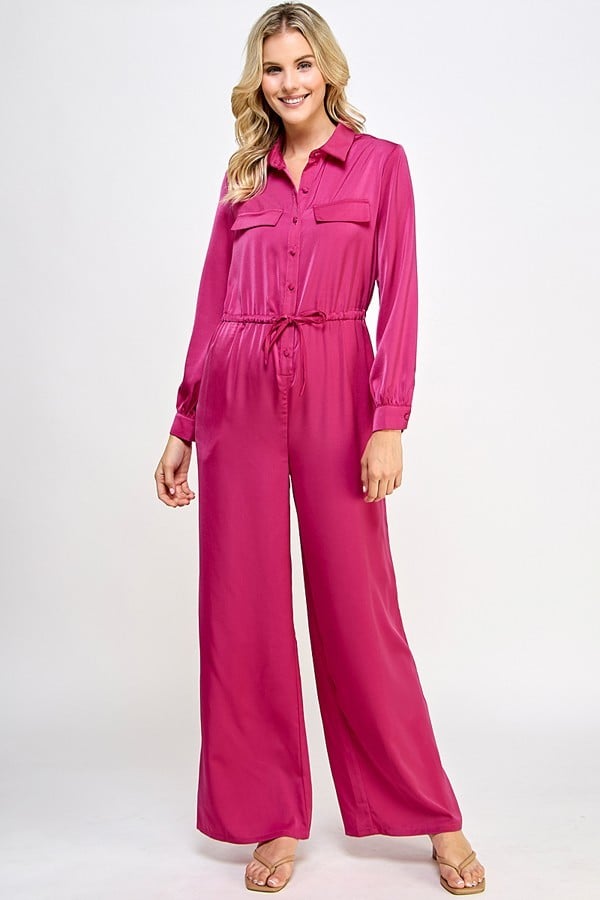 Long sleeve jumpsuit with waist drawstring