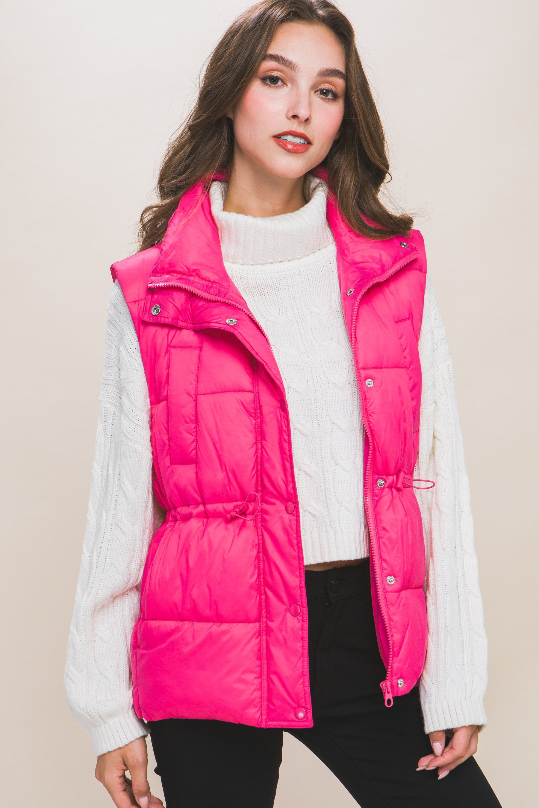 Women's Color Zip up button puffer vest with waist toggles