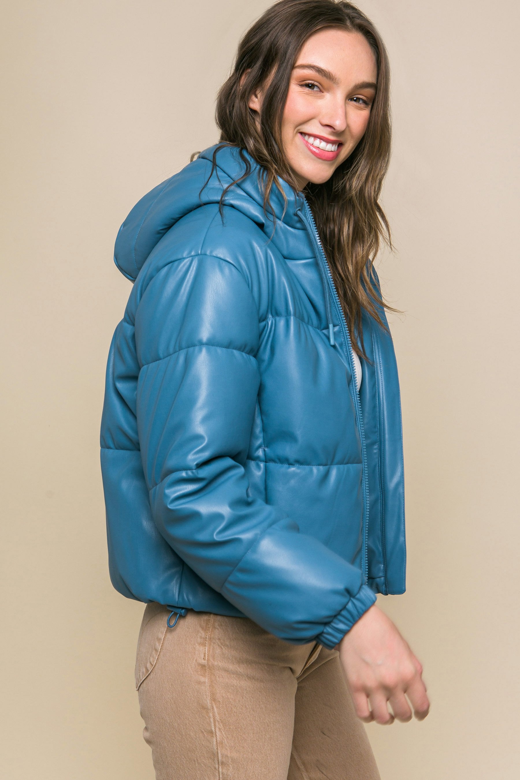 Women's faux leather zipper hooded puffer jacket