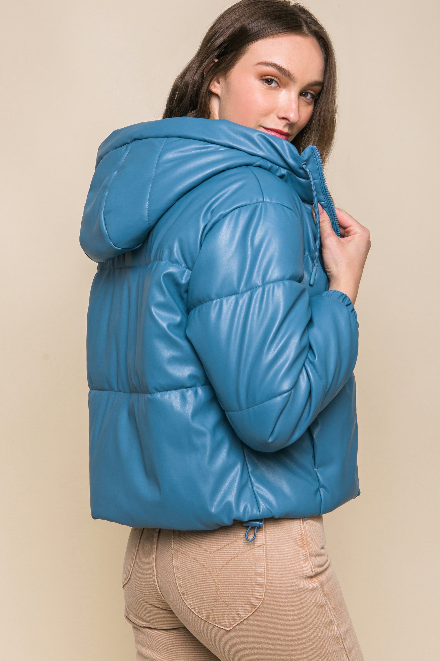 Women's faux leather zipper hooded puffer jacket