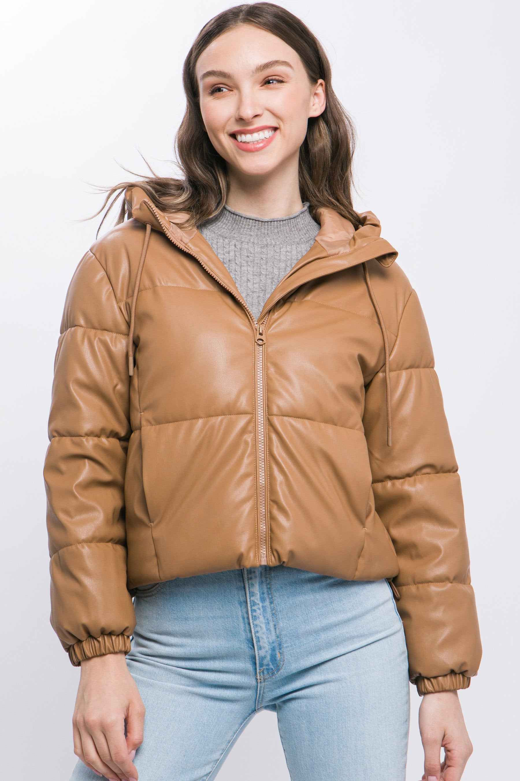 Women's faux leather zipper hooded puffer jacket