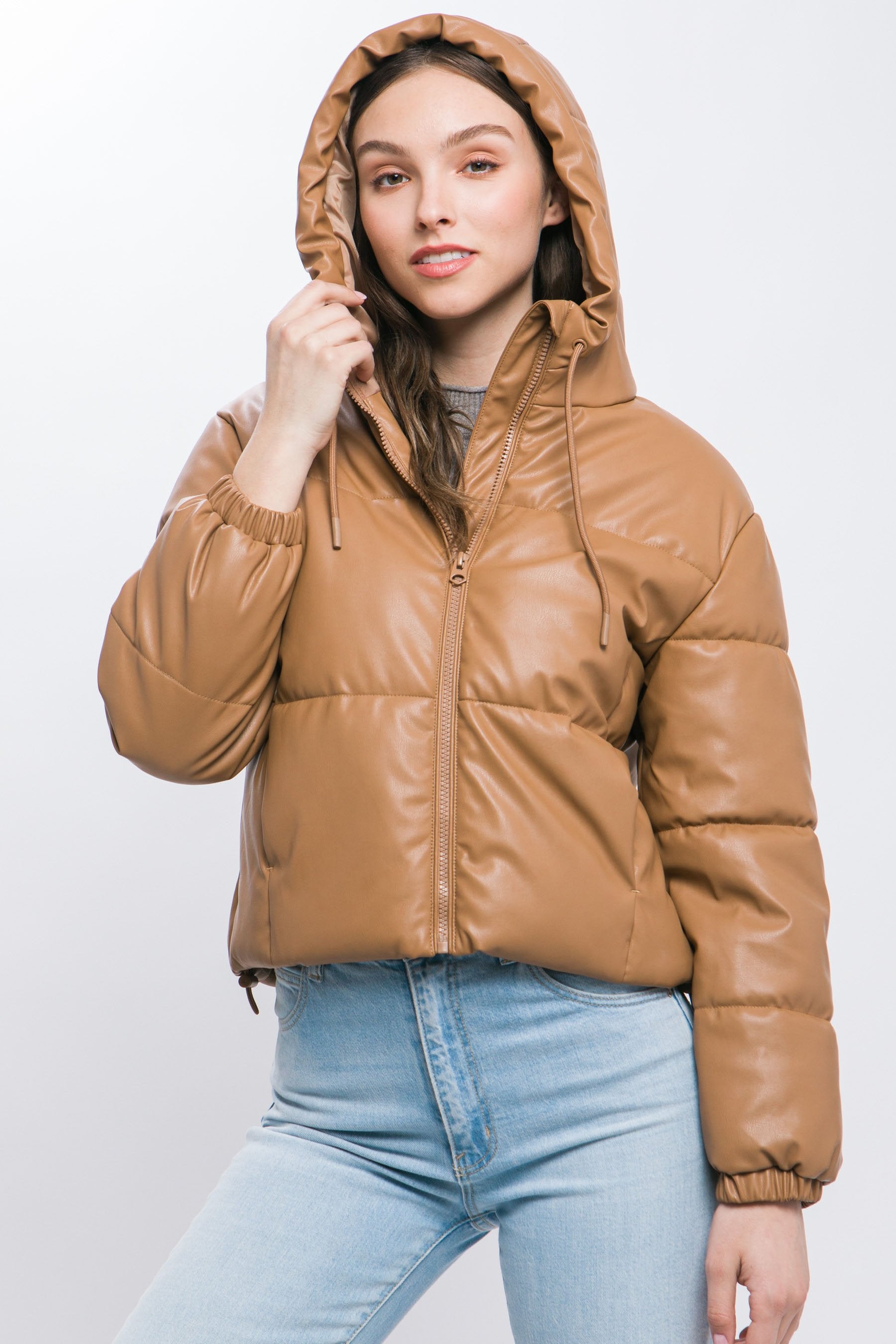 Women's faux leather zipper hooded puffer jacket