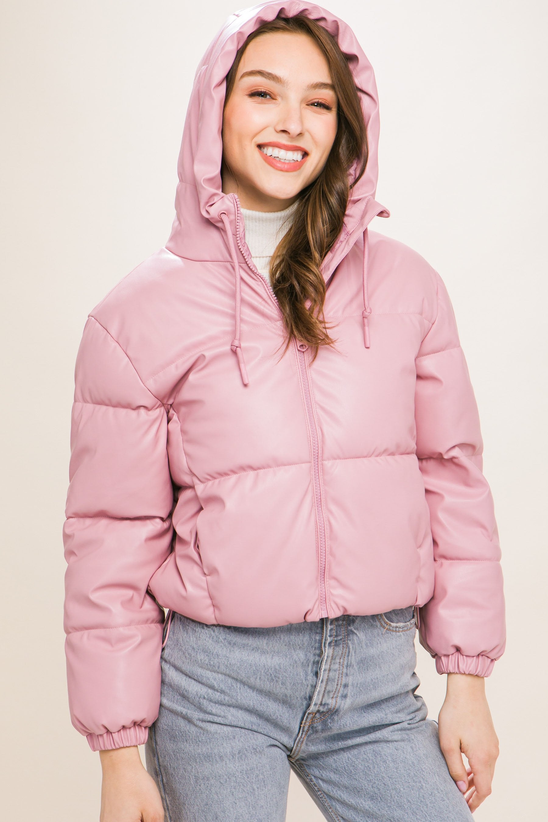 Women's faux leather zipper hooded puffer jacket