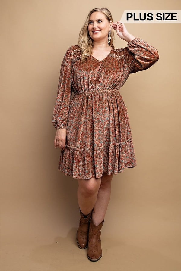 Printed velvet v-neck dress with button front detail