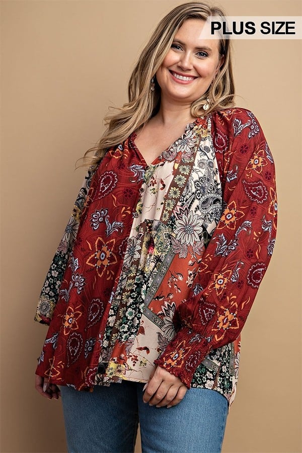 Women's Mixed print front button long sleeve top