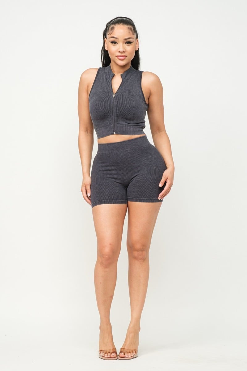 Washed Seamless Zipper Top And Shorts Set