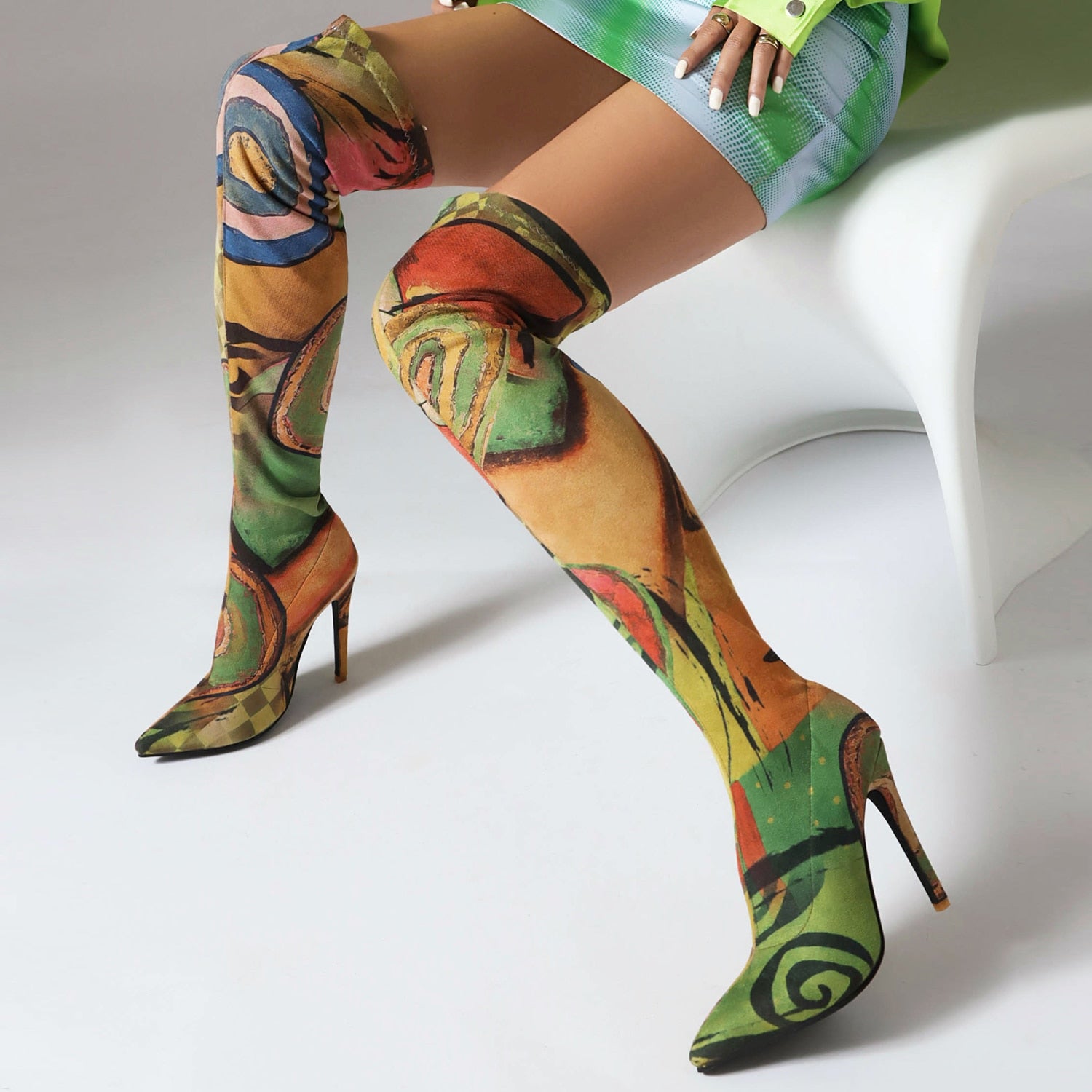 Processing time:3-7days after placing orders  Plus Size Art Graffiti Over Knee Boots Pointed Toe Ultra-High Fine Heel Elastic Fabric Material Women's Long Boots Printed Boots