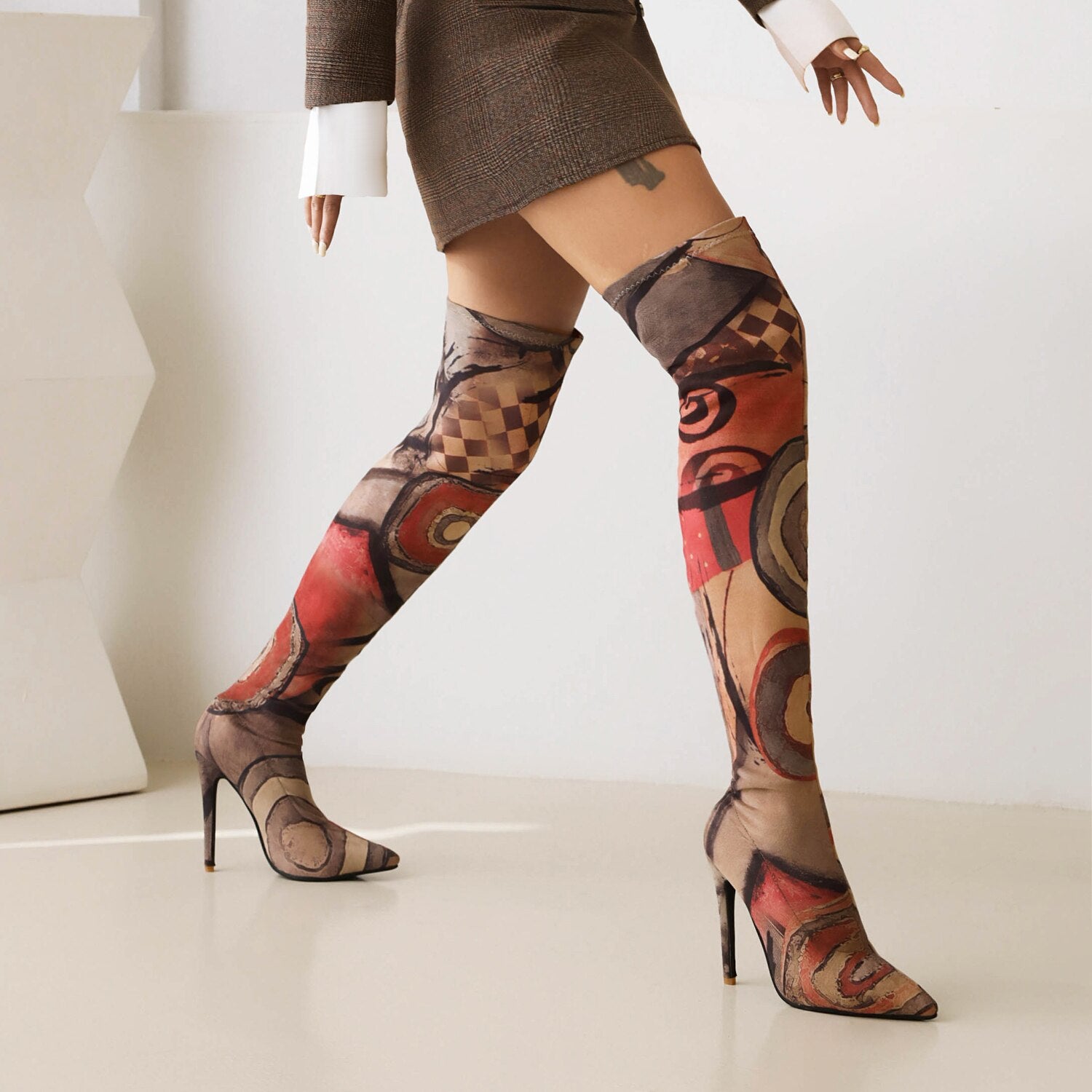 Processing time:3-7days after placing orders  Plus Size Art Graffiti Over Knee Boots Pointed Toe Ultra-High Fine Heel Elastic Fabric Material Women's Long Boots Printed Boots