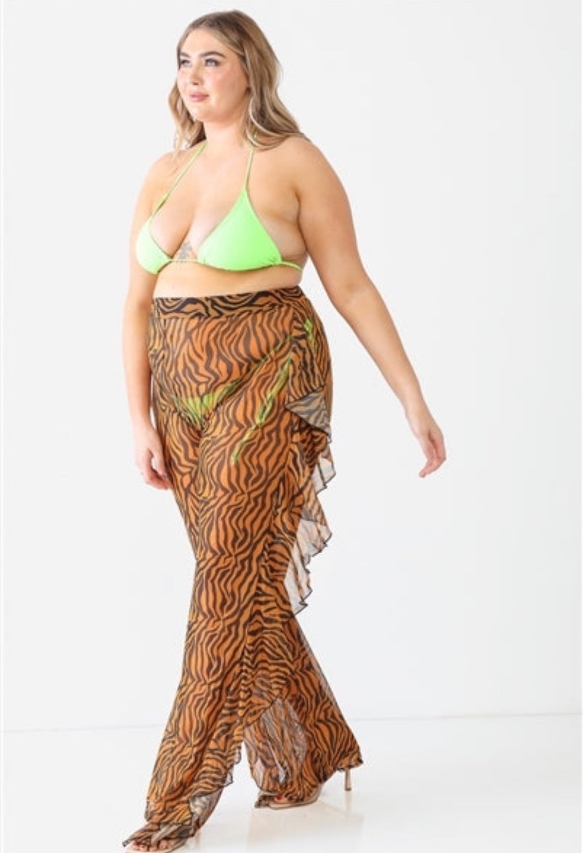 Orange Combo Tiger Animal Print Mesh Sheer High Waist Sexy Ruffle Pants