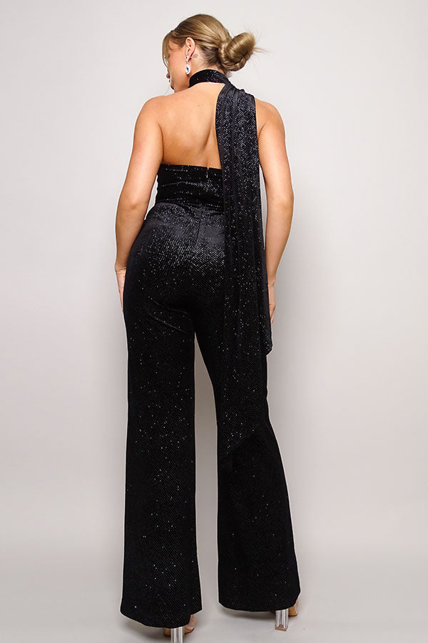 Women's Scarf Top Glitter Velvet Jumpsuit